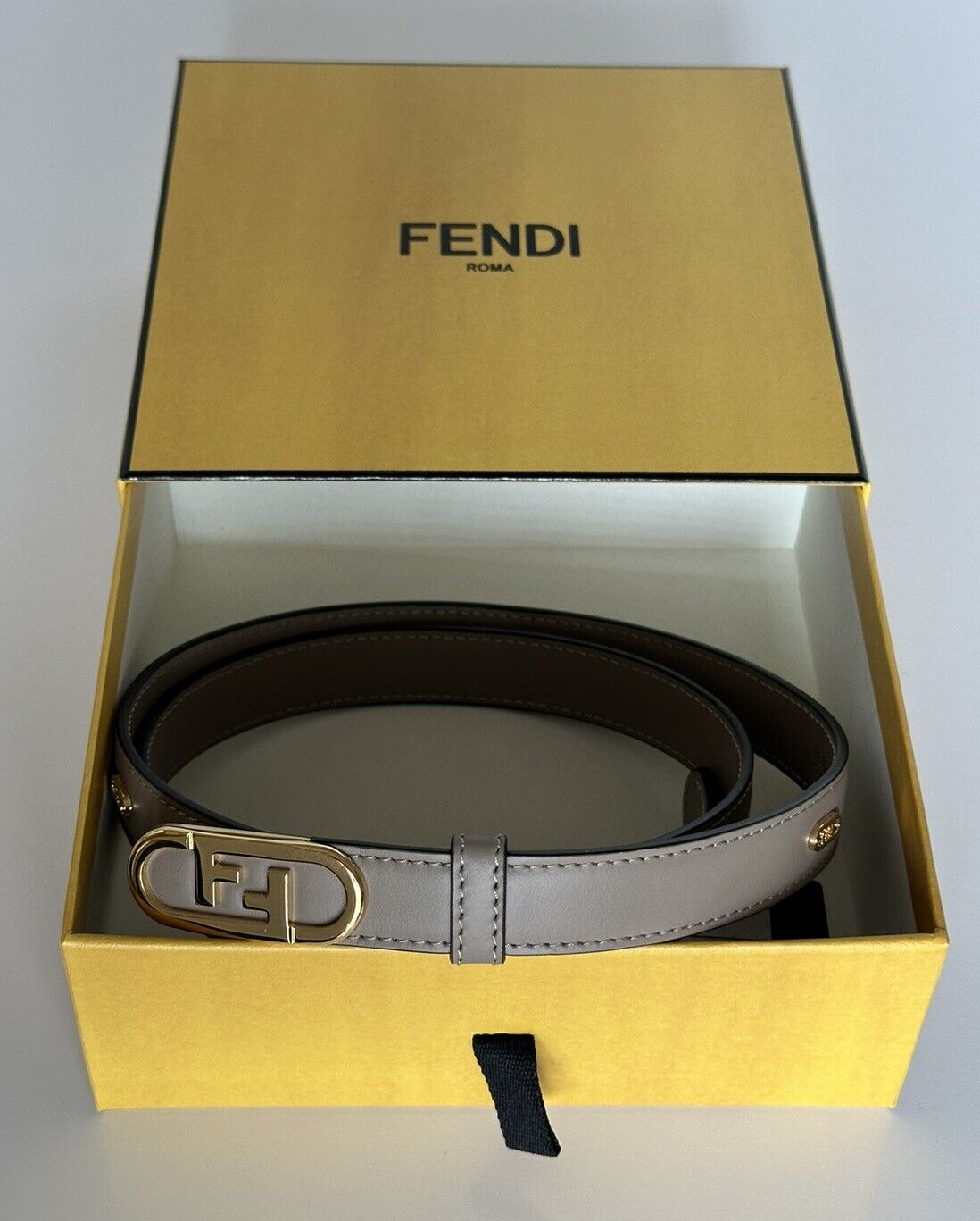 Fendi FF O’lock Tortora Gray Leather Slim Belt 85/34 Italy 8C0652 NWT $590