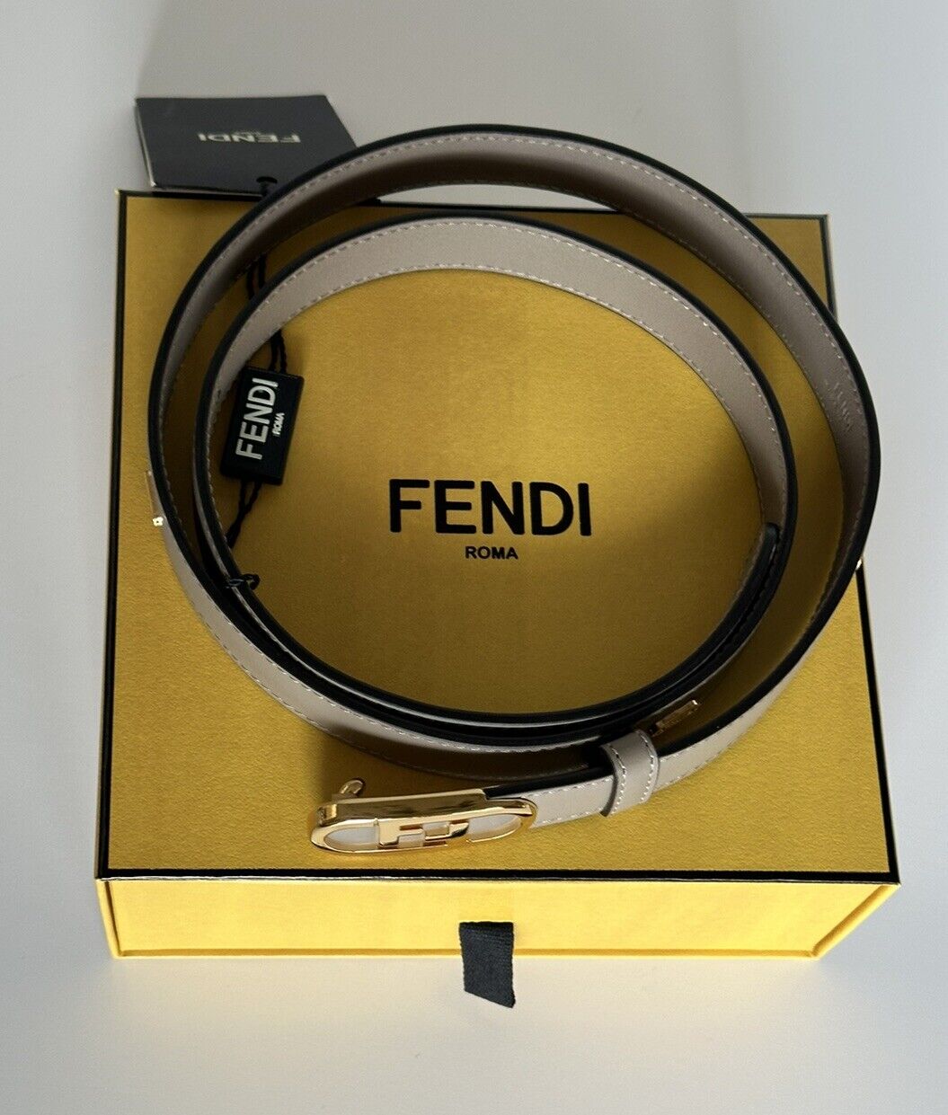 Fendi FF O’lock Tortora Gray Leather Slim Belt 85/34 Italy 8C0652 NWT $590