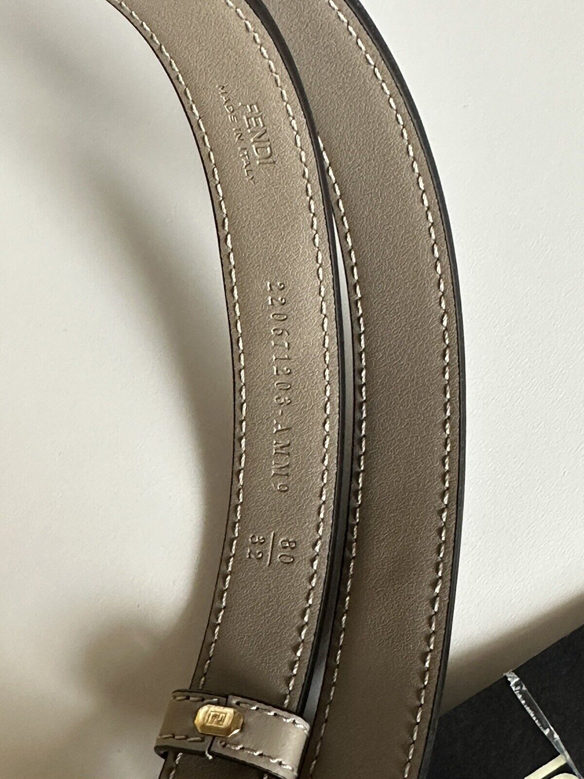 Fendi FF O’lock Tortora Gray Leather Slim Belt 80/32 Italy 8C0652 NWT $590