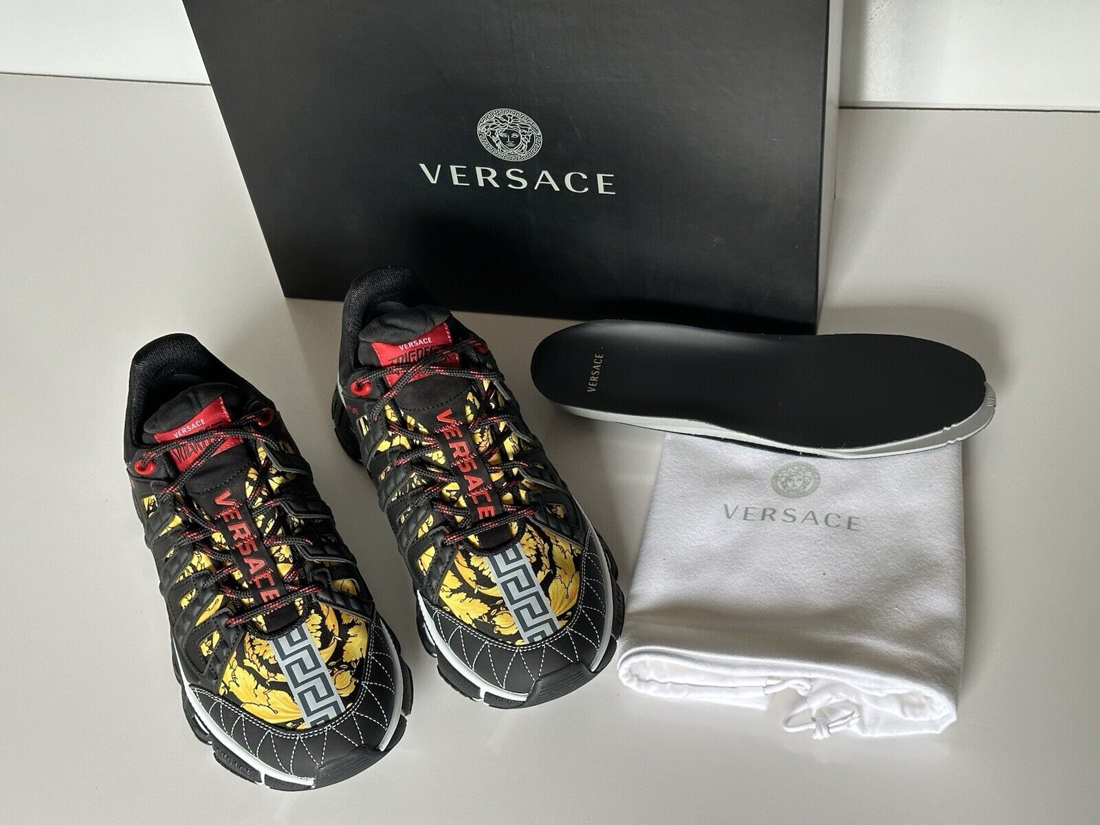 Versace Men's Trigreca Barocco Sneakers Black/Red/Yellow 9 US (42 Eu) IT DSU8094