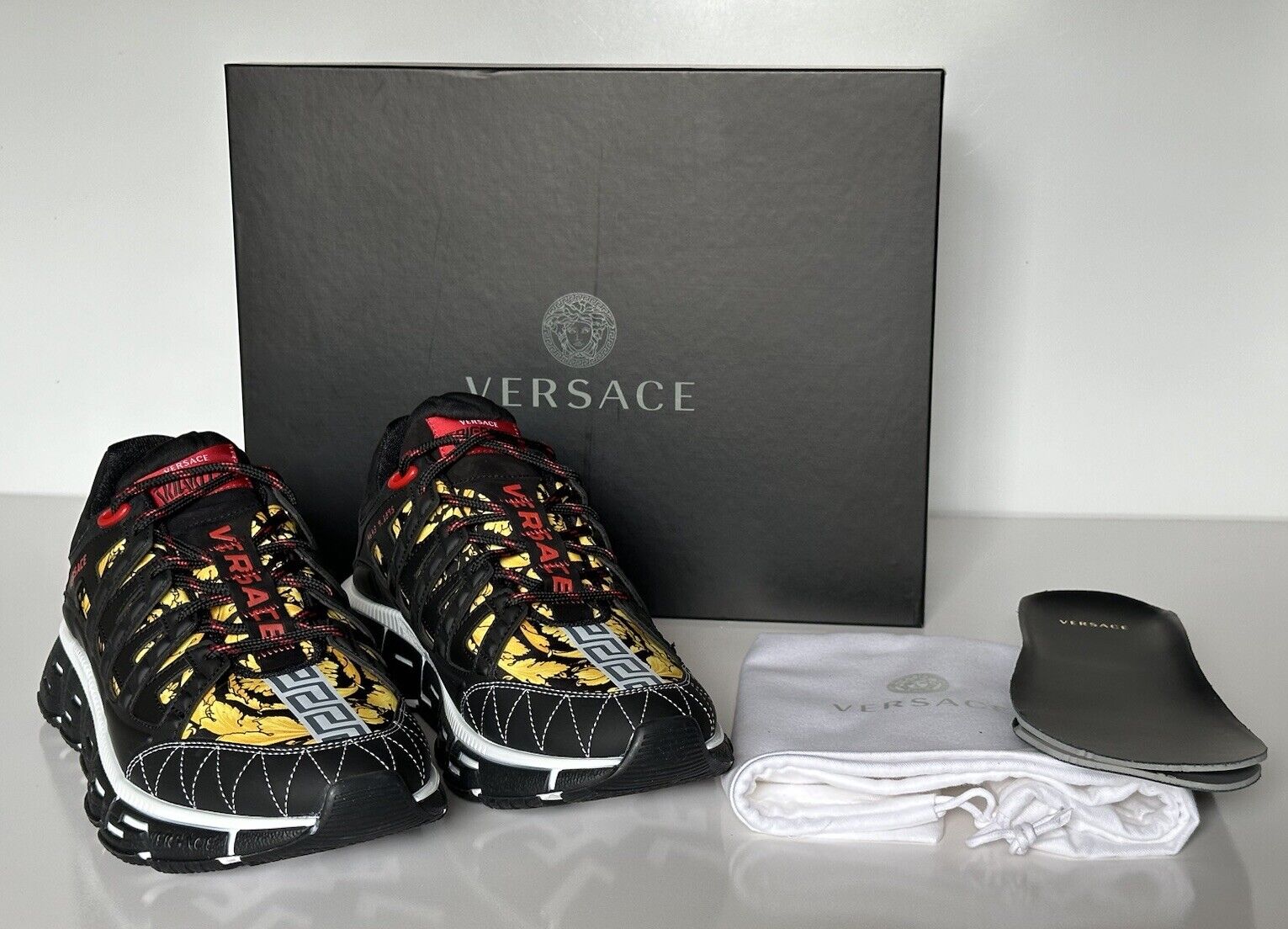 Versace Men's Trigreca Barocco Sneakers Black/Red/Yellow 9 US (42 Eu) IT DSU8094