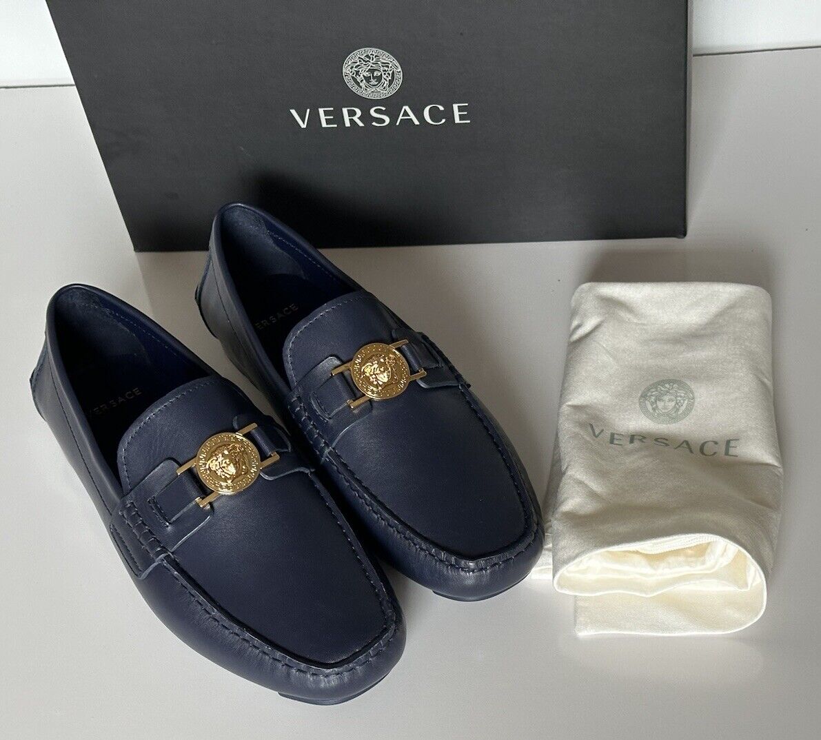 VERSACE Medusa Men's Blue Leather Driver Shoes 10 US (43 Euro) DSU6014S NIB $850