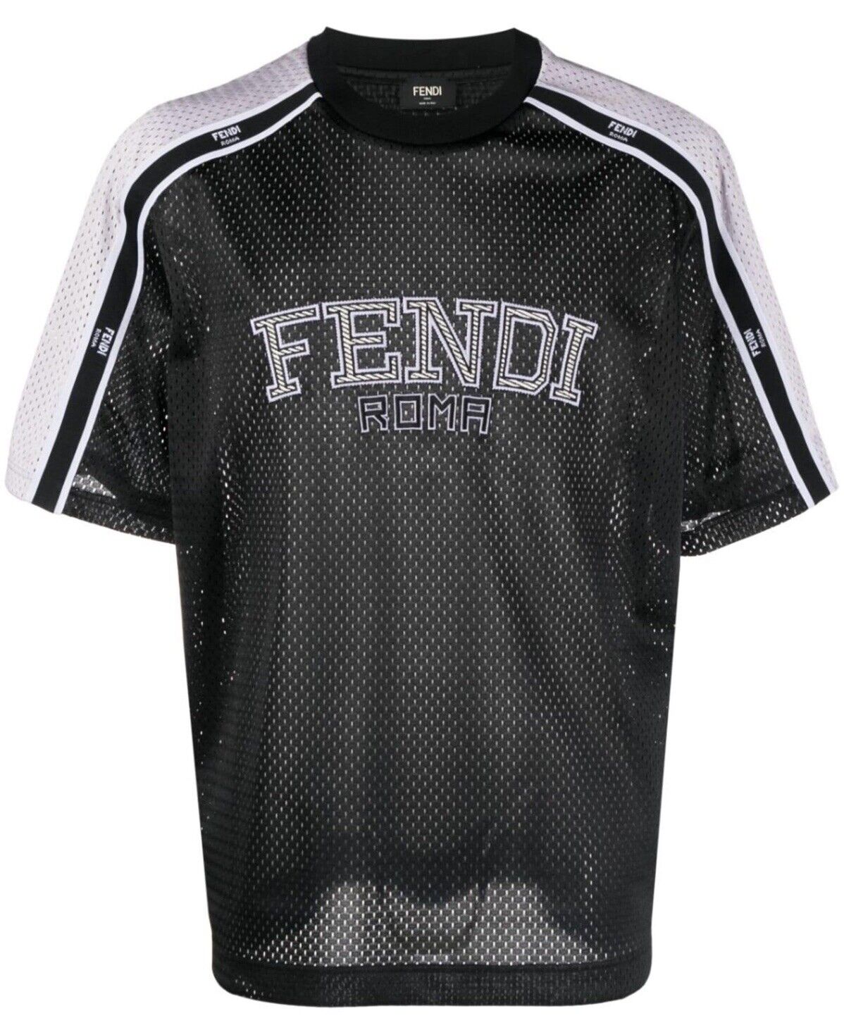 Fendi Logo Print Black/Silver Jersey Mesh T-Shirt XL FAF692 Italy NWT $850