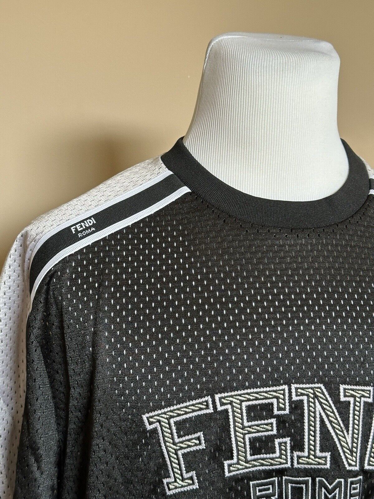 Fendi Logo Print Black/Silver Jersey Mesh T-Shirt XL FAF692 Italy NWT $850