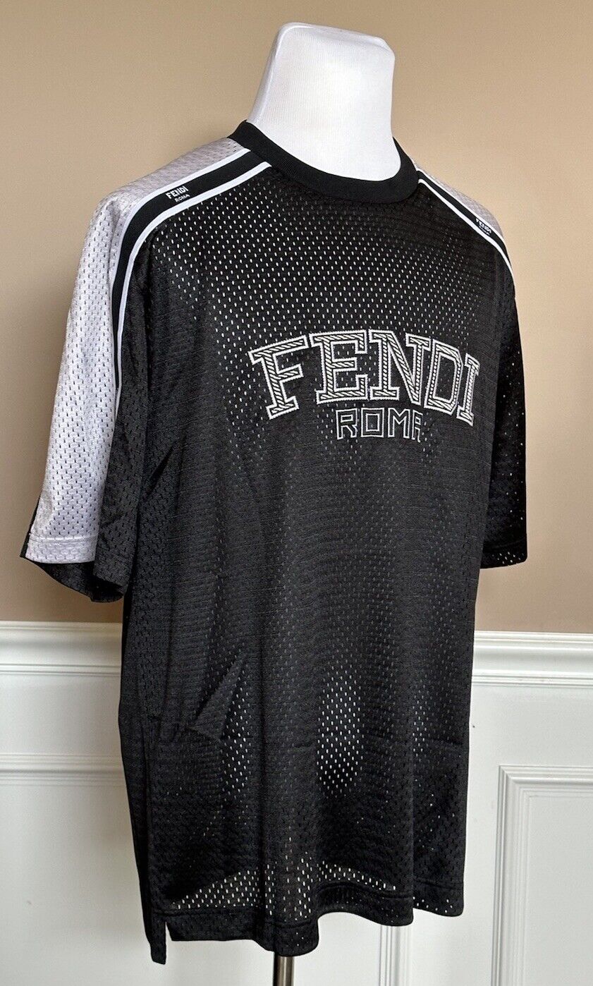 Fendi Logo Print Black/Silver Jersey Mesh T-Shirt 2XL FAF692 Italy NWT $850