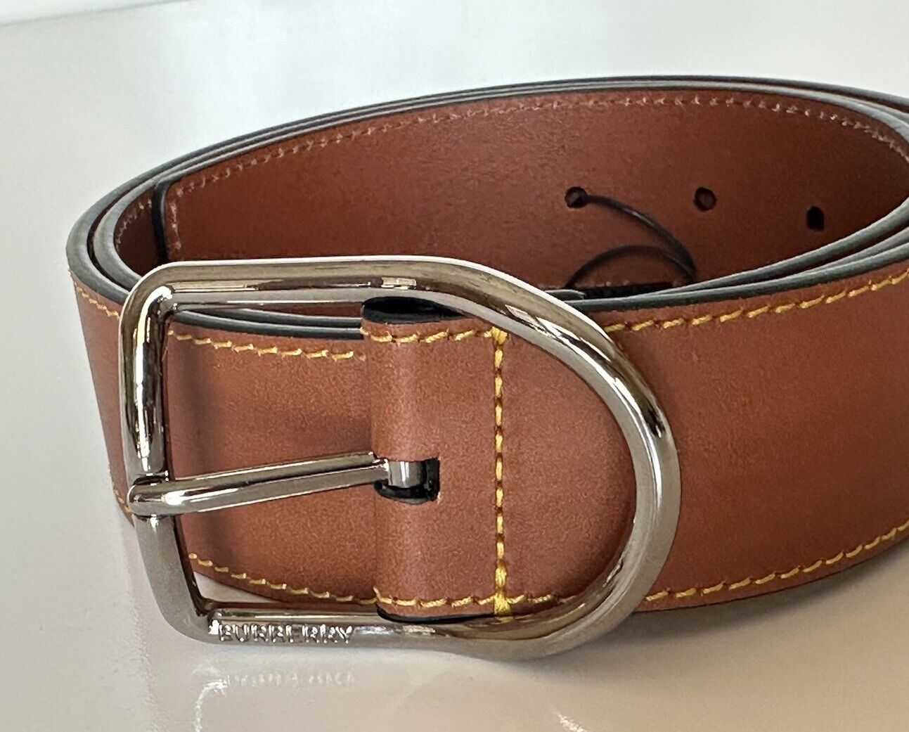 Burberry Curved Silver Buckle Leather Wide Tan Belt 40/100 8016023 IT New $360