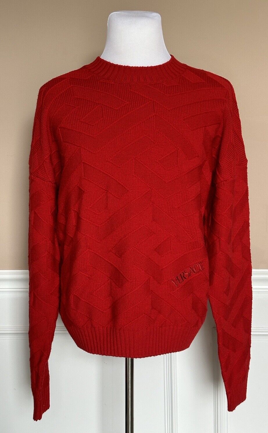 Versace Greca Knit Wool Sweater Red 58 (3XL) Made in Italy 1008473 NWT $1175