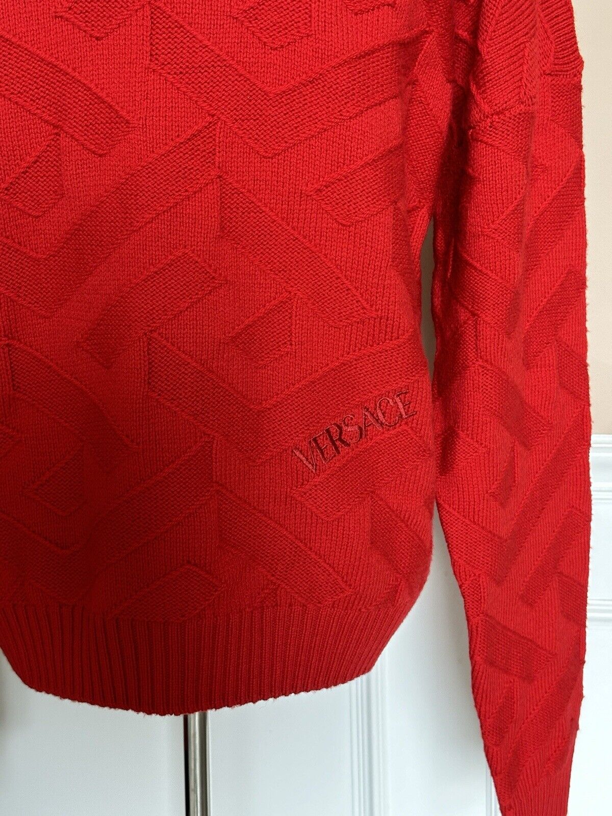 Versace Greca Knit Wool Sweater Red 58 (3XL) Made in Italy 1008473 NWT $1175