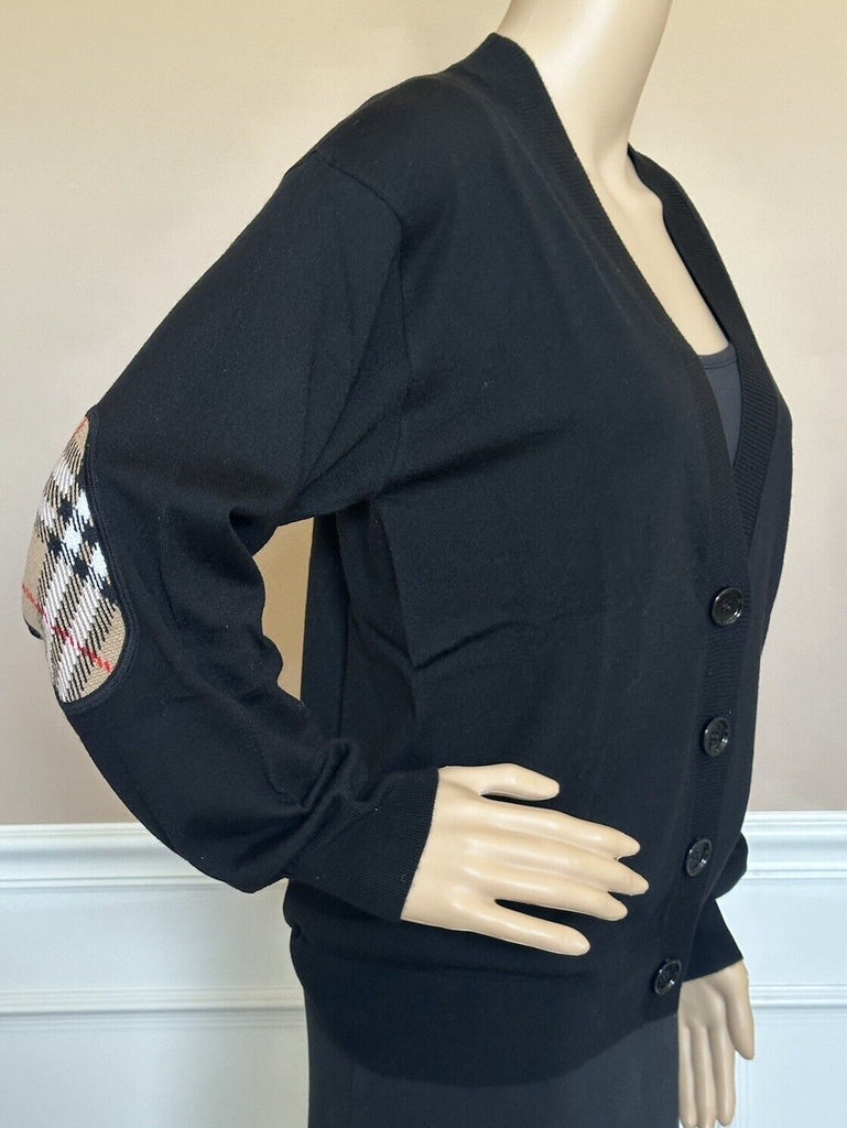Burberry Dornoch Wool Black Elbow Patch Cardigan Sweater Small 8091030 NWT $860