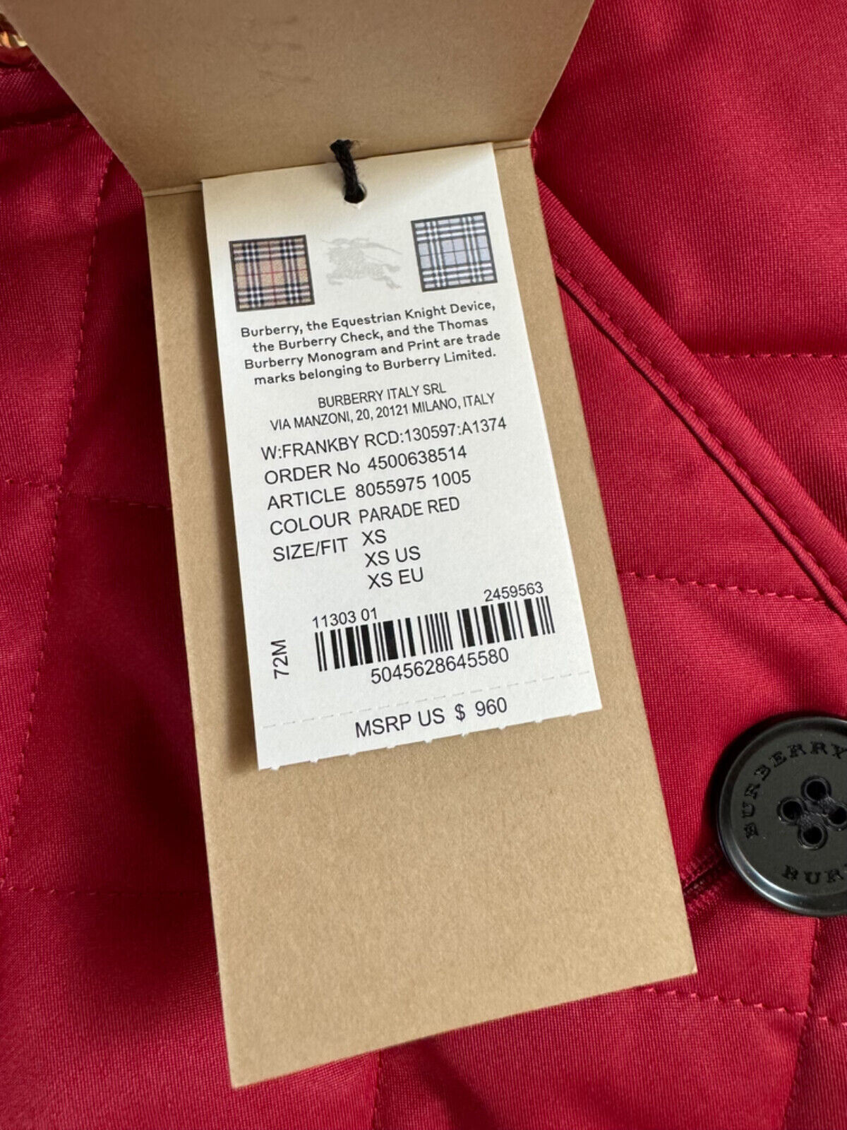 Burberry Frankby Women's Quilted Diamond Red Jacket XS 8055975 NWT $960