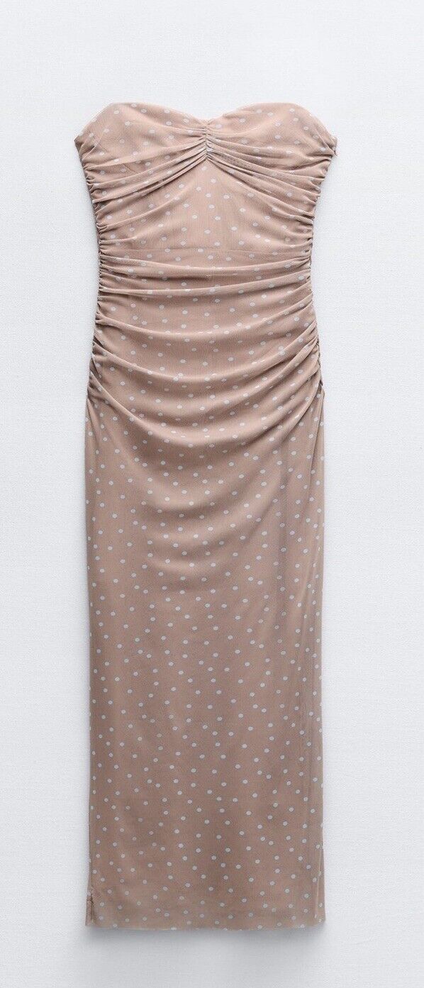 ZARA STRAPLESS PRINTED BEIGE TULLE MIDI DRESS NWT Size M