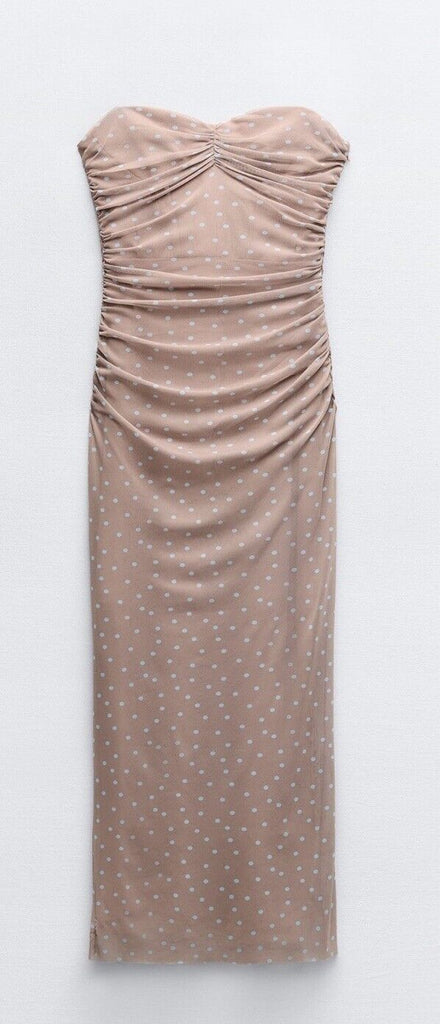 ZARA STRAPLESS PRINTED BEIGE TULLE MIDI DRESS NWT Size M – BAYSUPERSTORE