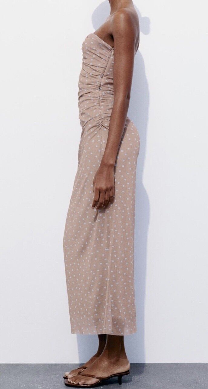 ZARA STRAPLESS PRINTED BEIGE TULLE MIDI DRESS NWT Size M