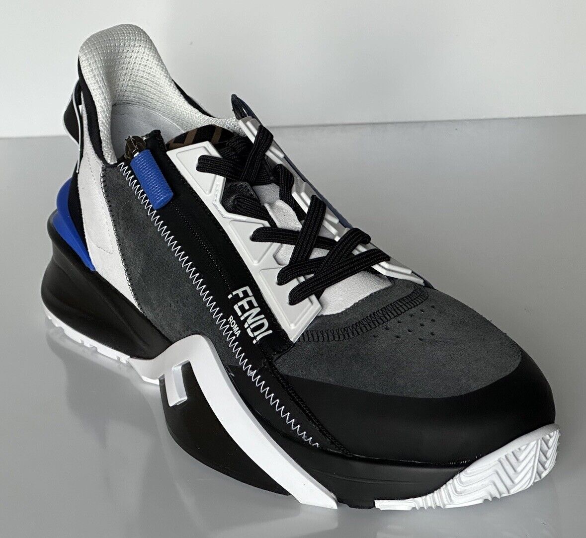 Fendi Flow Men's Leather/Fabric Sneakers Black/Blue 11 US (44) 7E1392 NIB $930