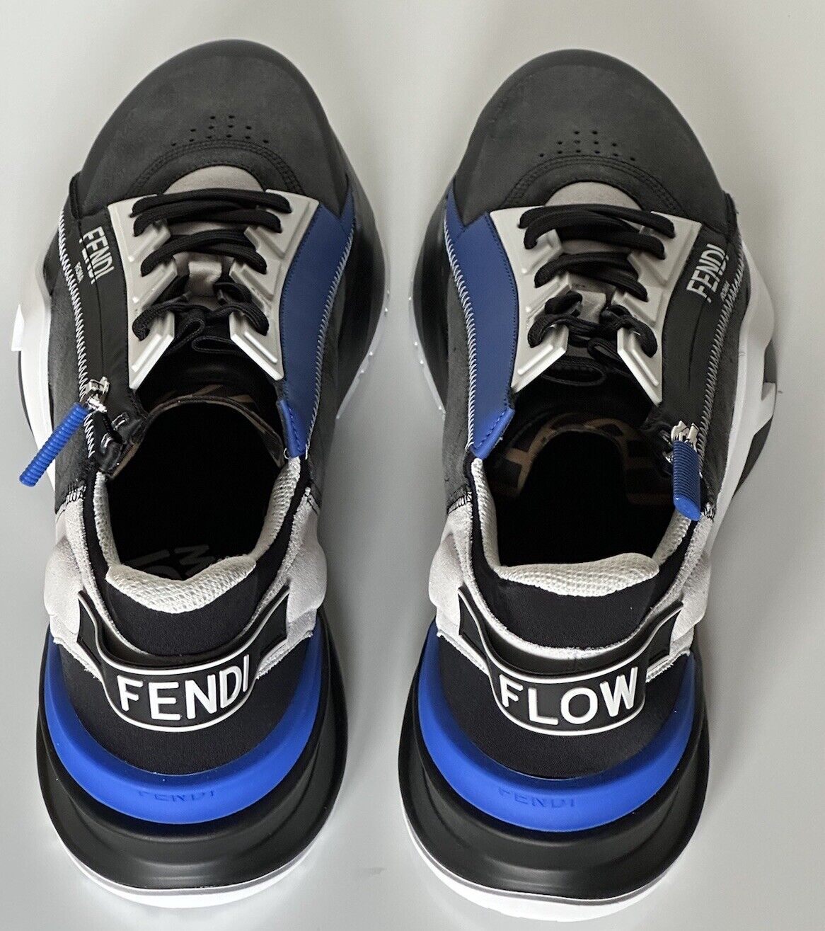 Fendi Flow Men's Leather/Fabric Sneakers Black/Blue 11 US (44) 7E1392 NIB $930