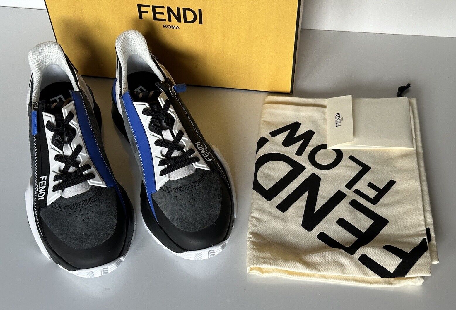 Fendi Flow Men's Leather/Fabric Sneakers Black/Blue 11 US (44) 7E1392 NIB $930