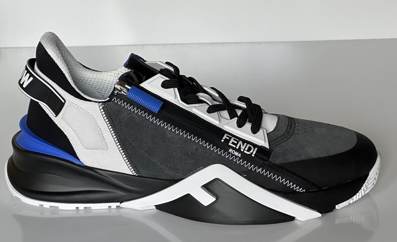 Fendi Flow Men's Leather/Fabric Sneakers Black/Blue 11 US (44) 7E1392 NIB $930