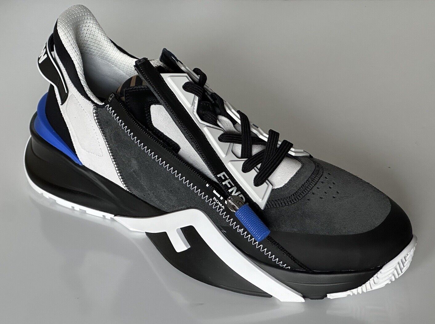 Fendi Flow Men's Leather/Fabric Sneakers Black/Blue 11 US (44) 7E1392 NIB $930