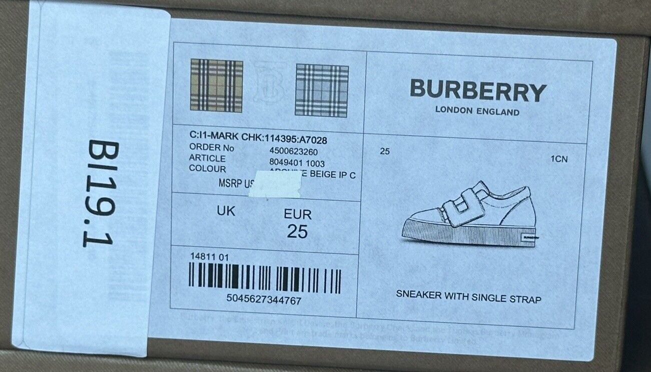 Burberry Baby's Mark Low Top Check Sneakers Beige 25 Euro 2 yrs old 8049401 NIB