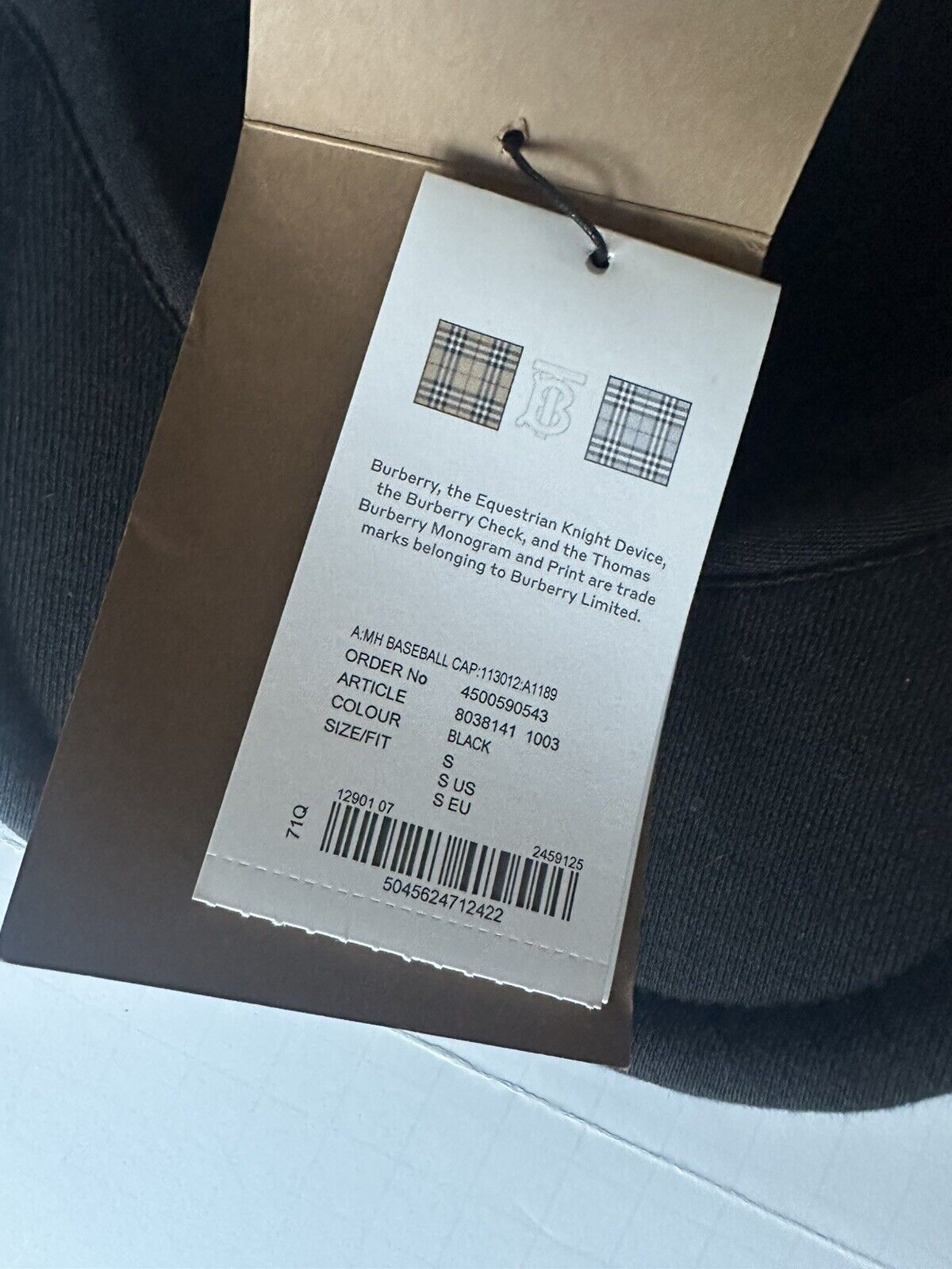 Burberry TB Cotton Baseball Cap Black Small (56 cm) 8038141 Italy NWT $400