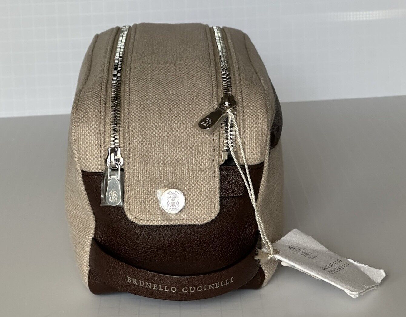 Brunello Cucinelli Leather-Trimmed Canvas Brown Travel Case Italy NWT $1175