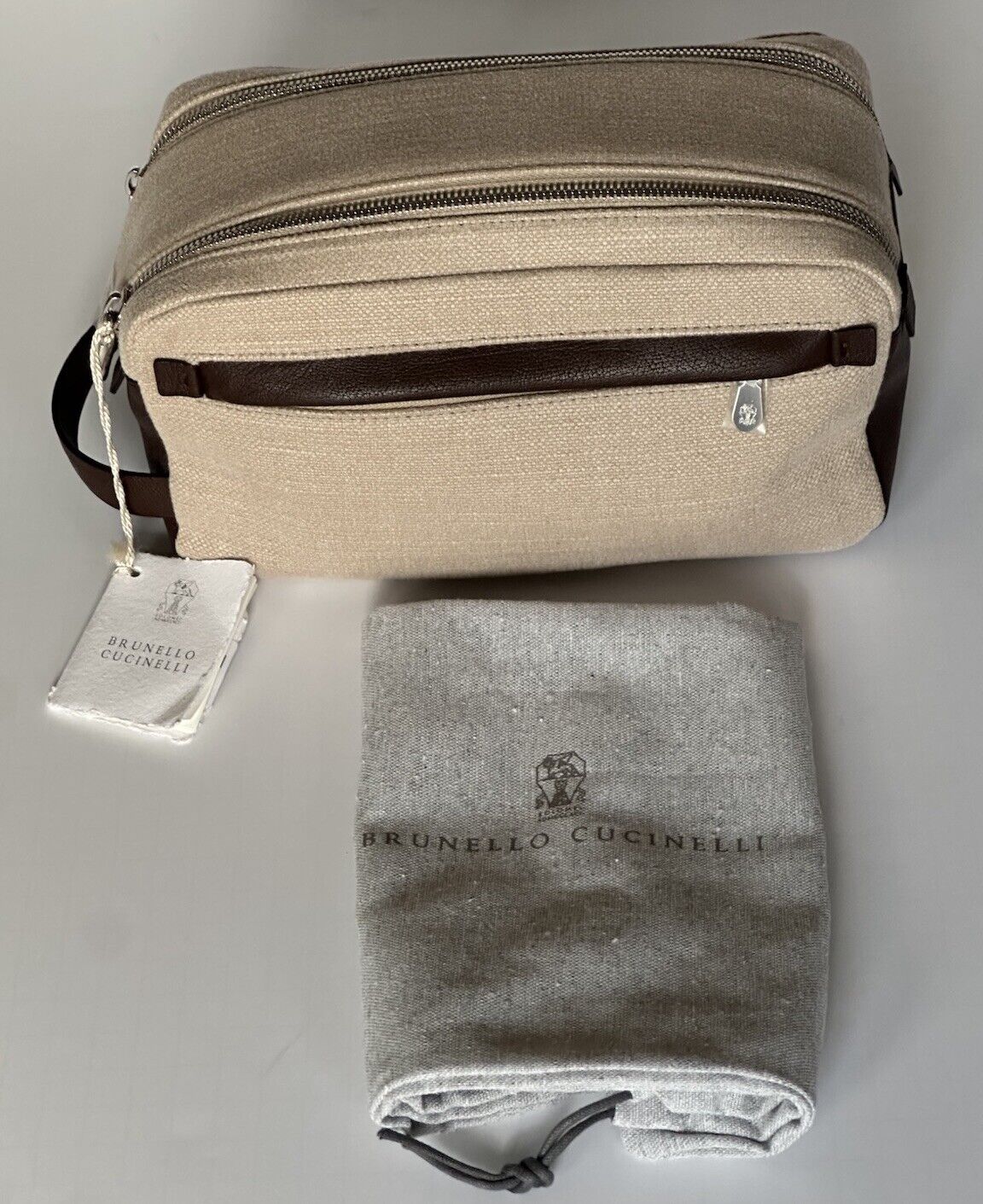 Brunello Cucinelli Leather-Trimmed Canvas Brown Travel Case Italy NWT $1175