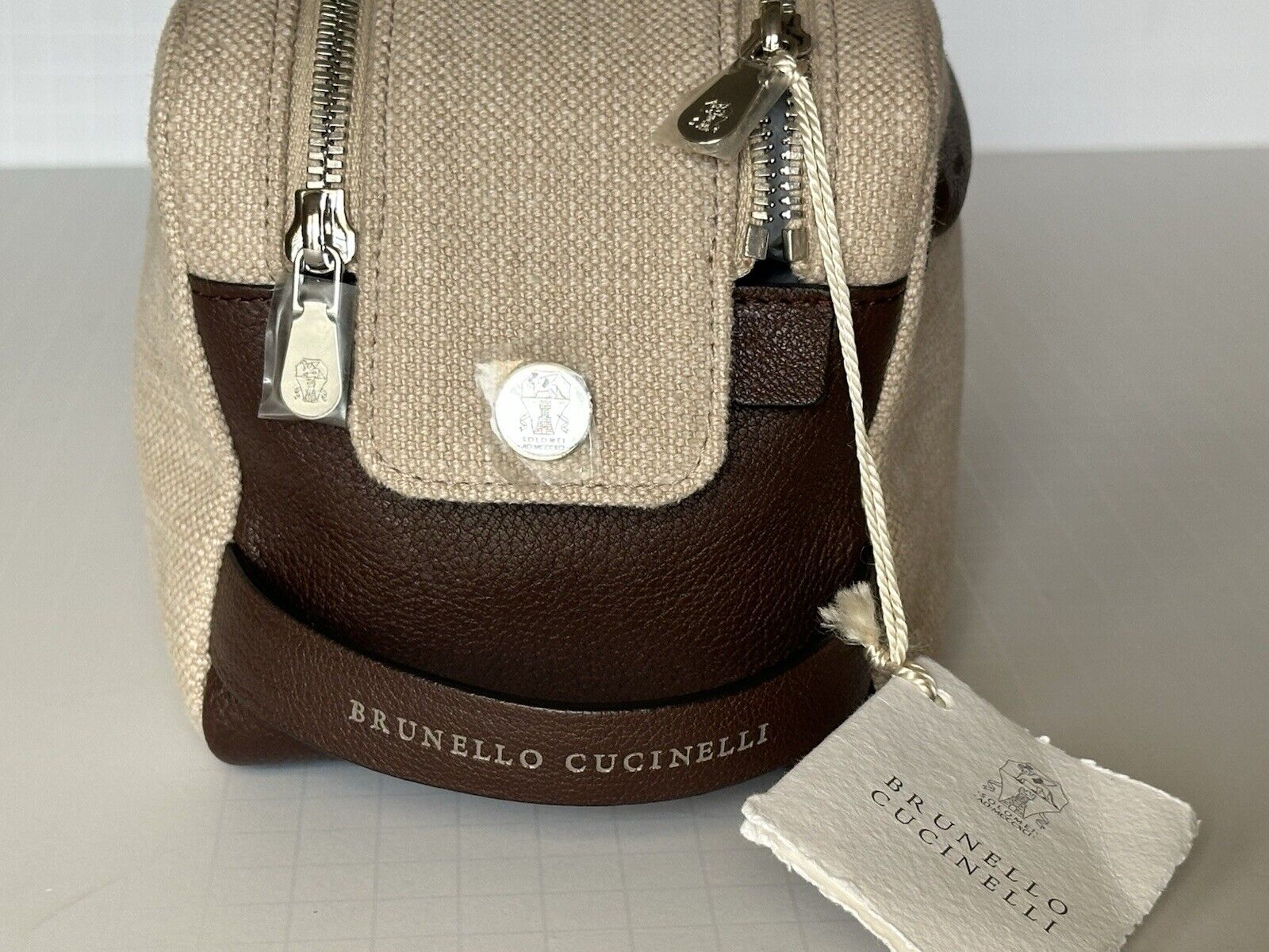 Brunello Cucinelli Leather-Trimmed Canvas Brown Travel Case Italy NWT $1175