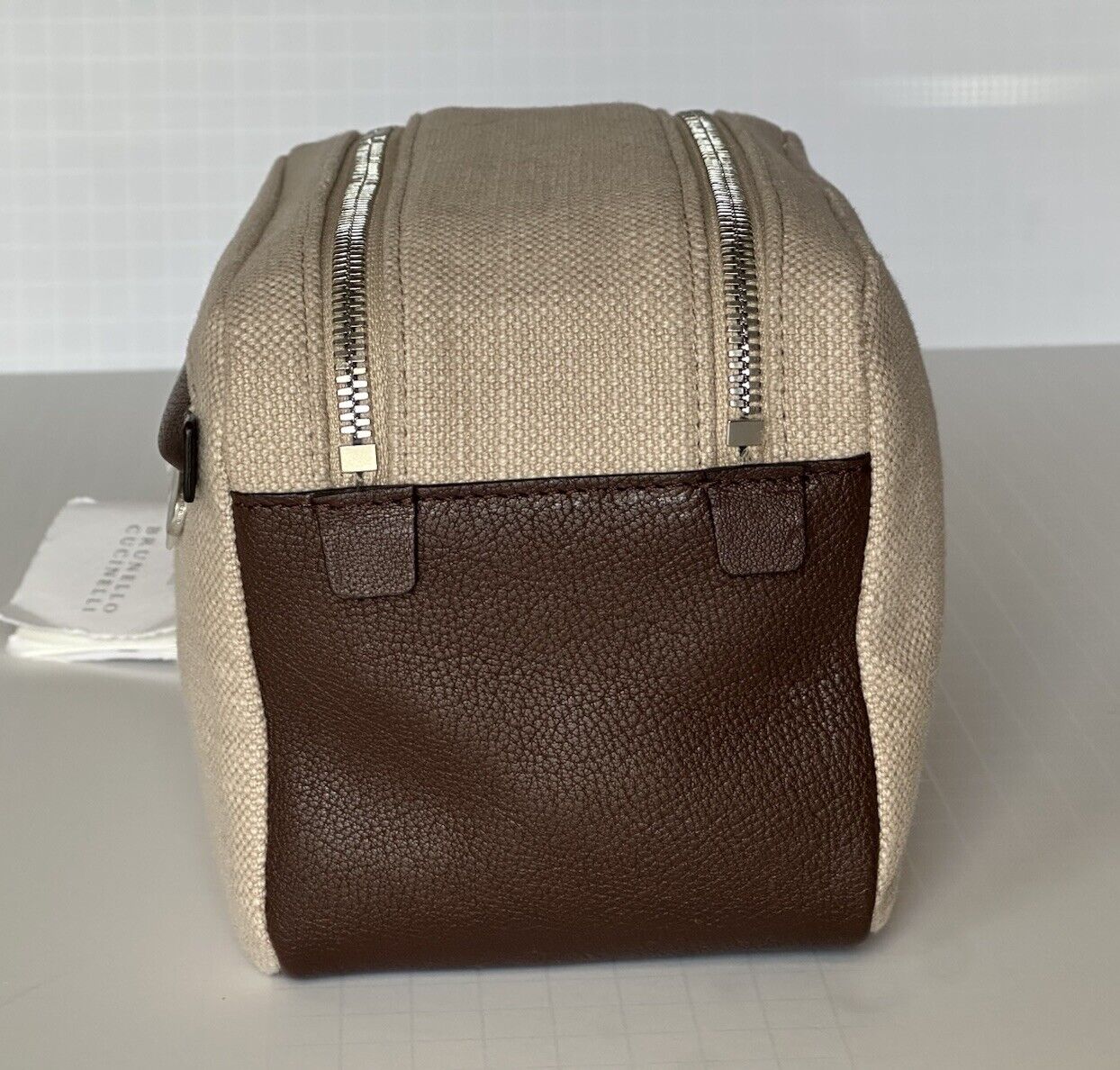 Brunello Cucinelli Leather-Trimmed Canvas Brown Travel Case Italy NWT $1175