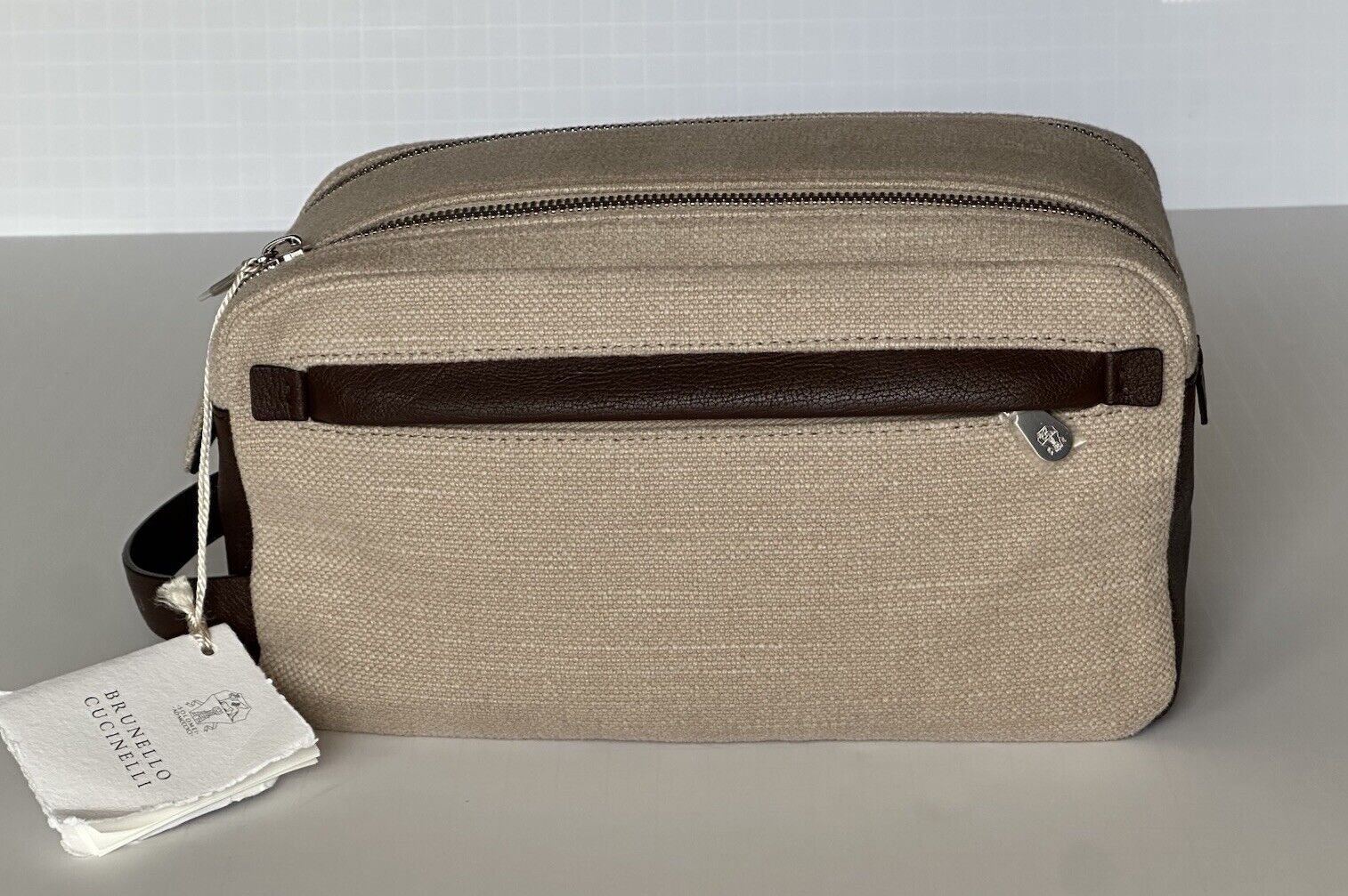 Brunello Cucinelli Leather-Trimmed Canvas Brown Travel Case Italy NWT $1175