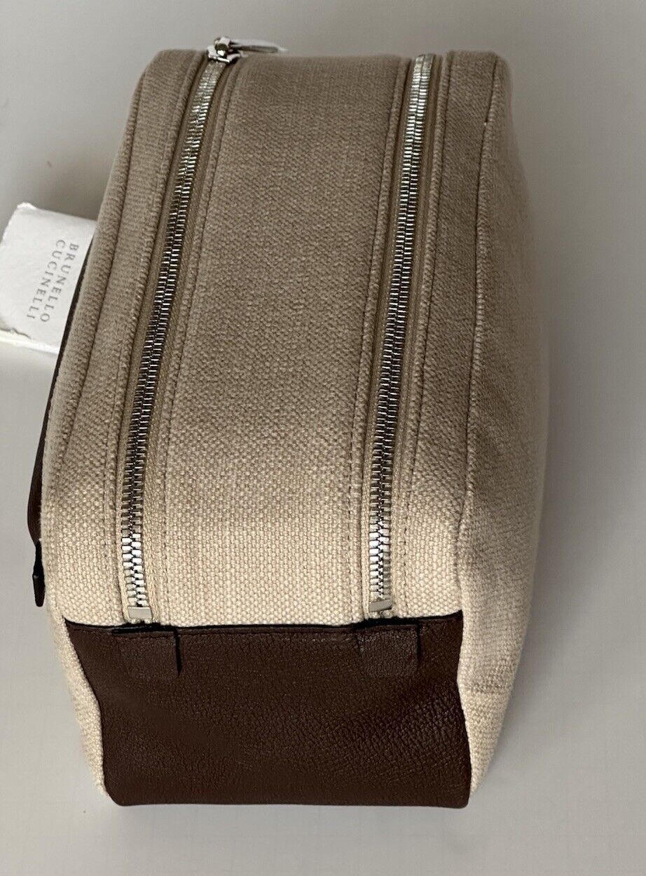 Brunello Cucinelli Leather-Trimmed Canvas Brown Travel Case Italy NWT $1175