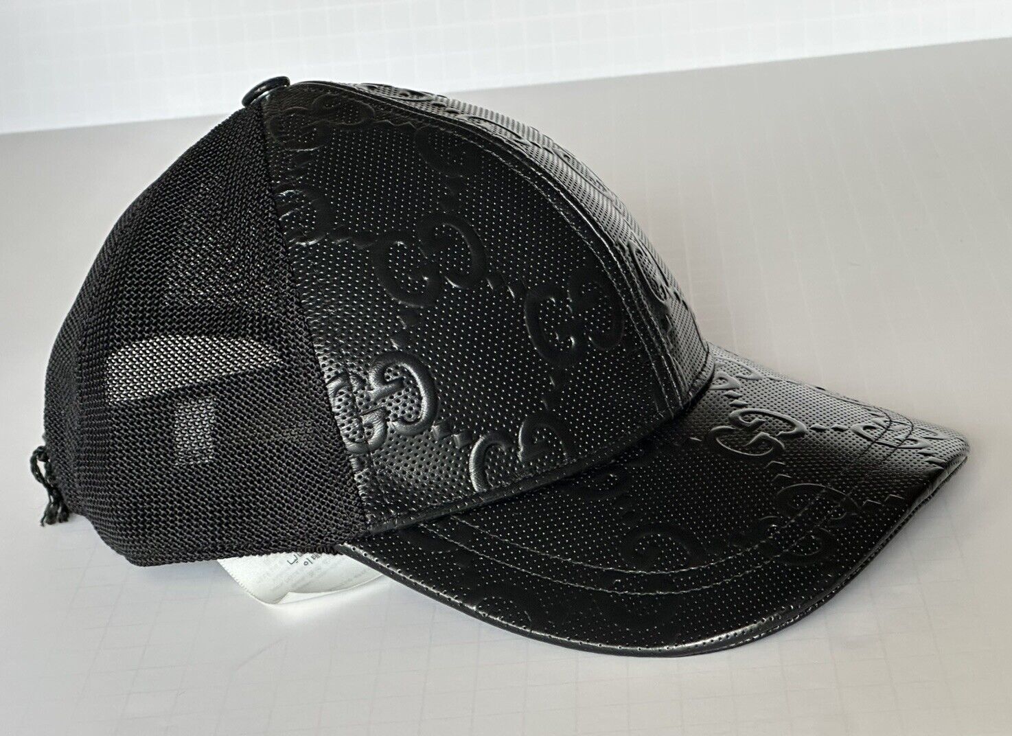 Gucci GG Print Leather Mesh Baseball Cap Black Hat M (58 cm) Italy 627156 NWT