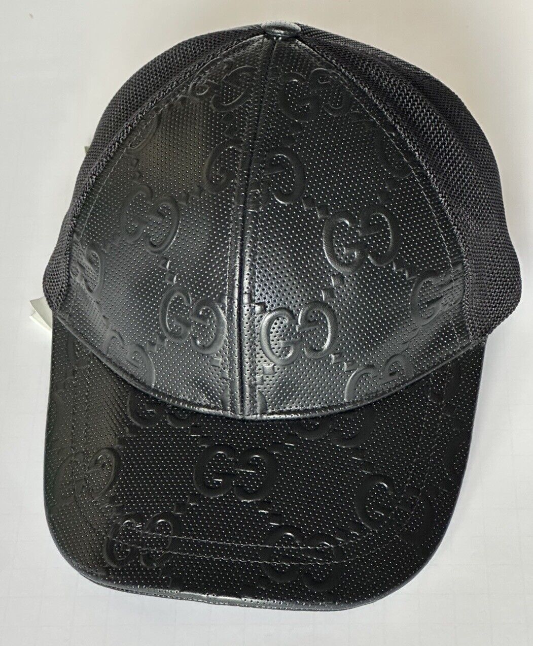 Gucci GG Print Leather Mesh Baseball Cap Black Hat M (58 cm) Italy 627156 NWT