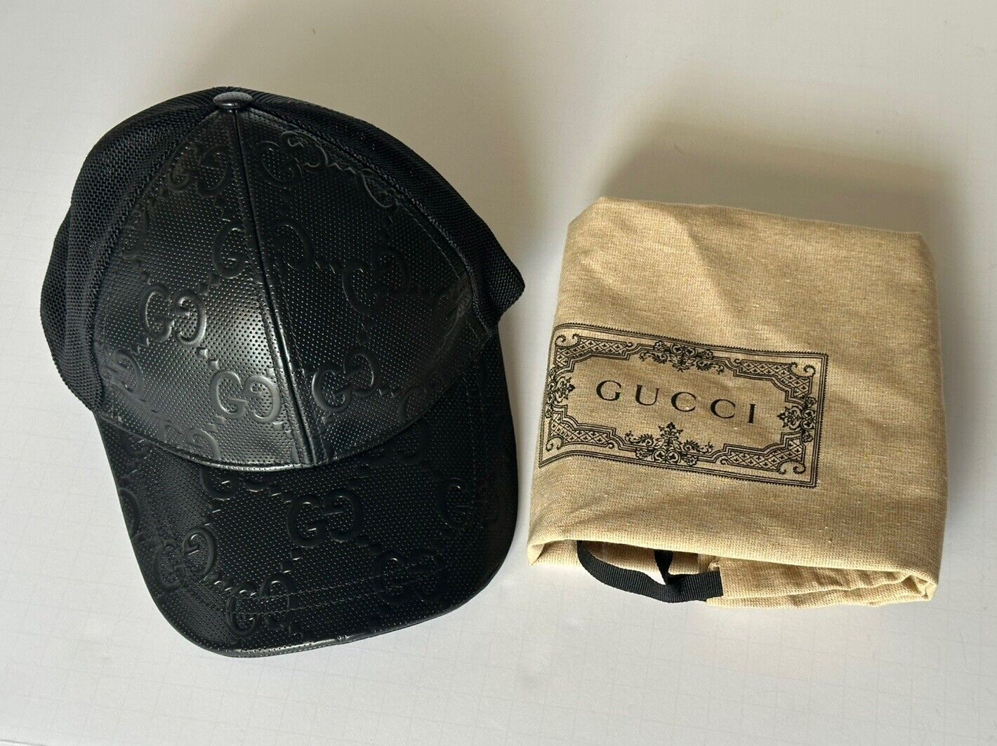 Gucci GG Print Leather Mesh Baseball Cap Black Hat M (58 cm) Italy 627156 NWT