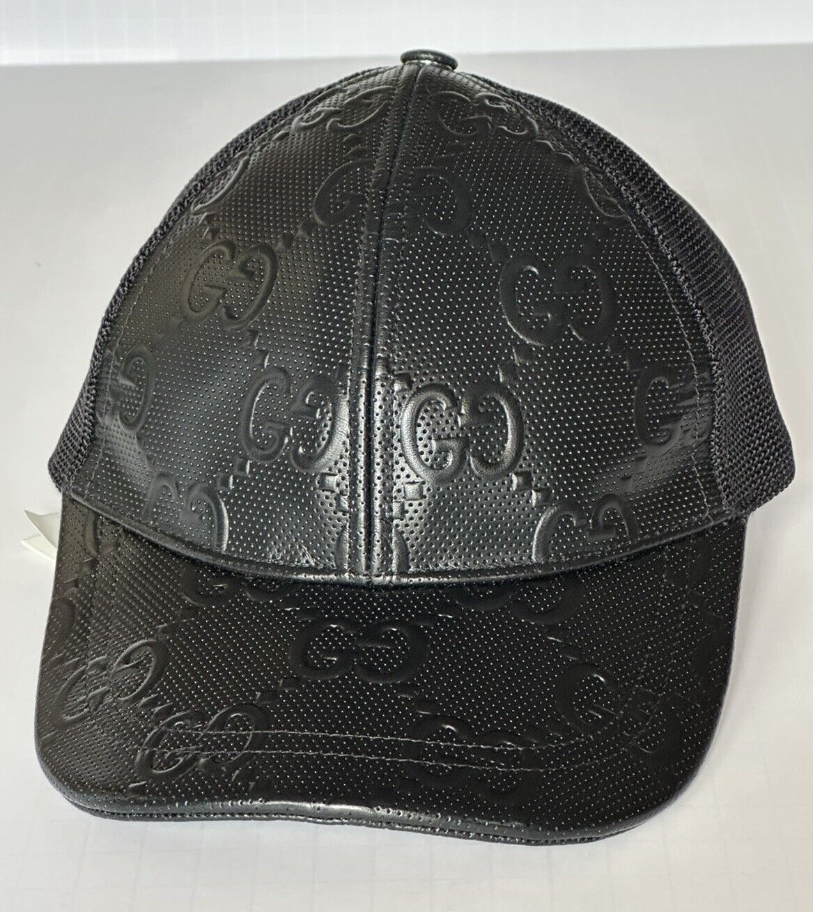 Gucci GG Print Leather Mesh Baseball Cap Black Hat M (58 cm) Italy 627156 NWT