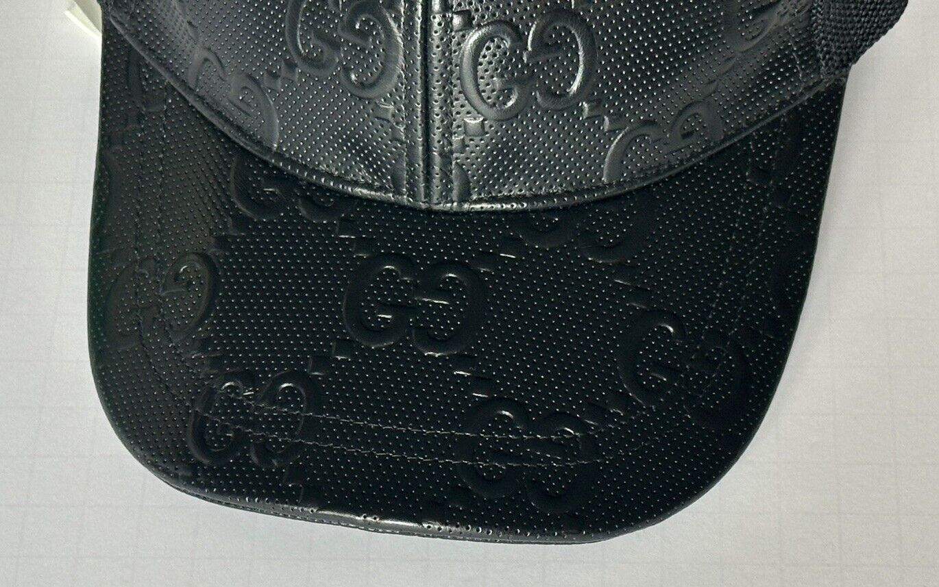 Gucci GG Print Leather Mesh Baseball Cap Black Hat M (58 cm) Italy 627156 NWT