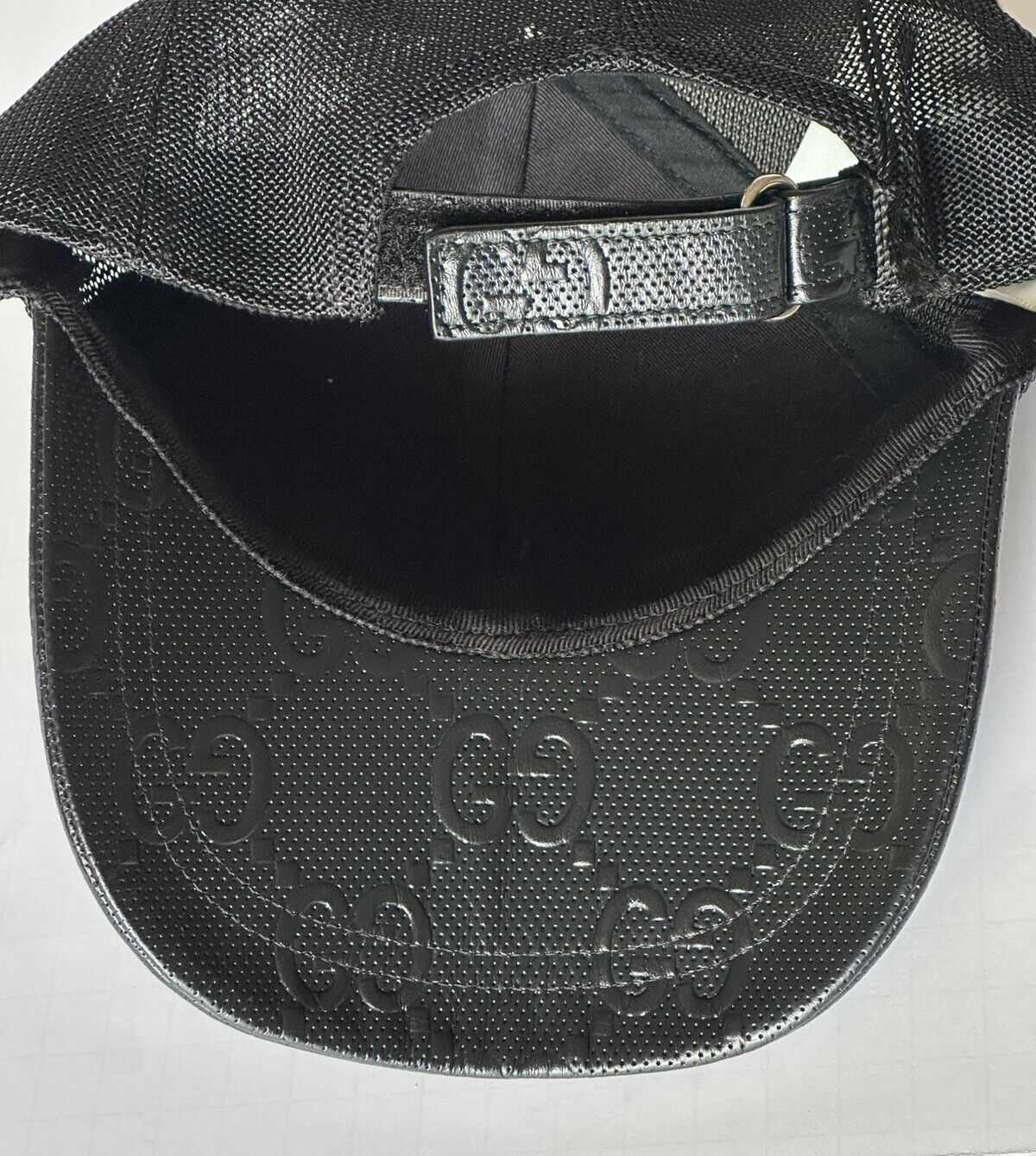 Gucci GG Print Leather Mesh Baseball Cap Black Hat M (58 cm) Italy 627156 NWT