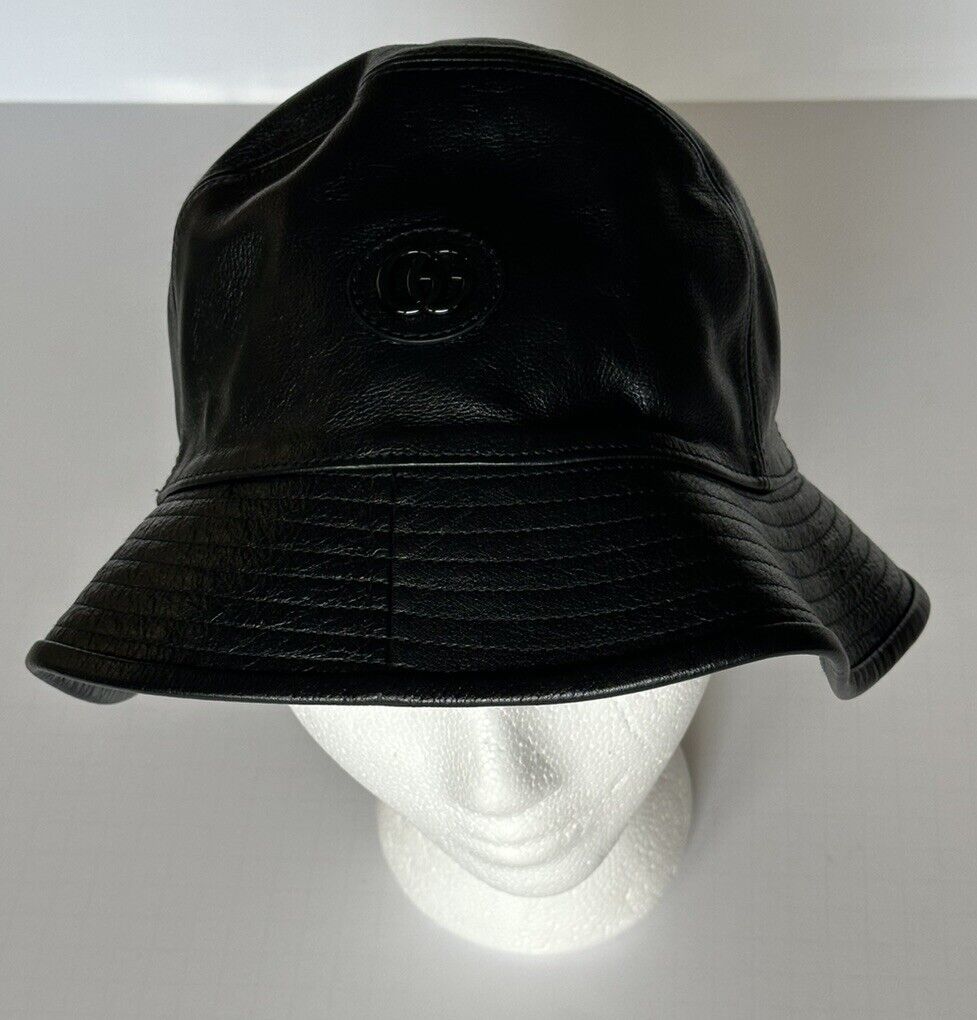 Gucci GG Leather Black Bucket Hat Made in Italy Medium (58 cm) 727239 NWT