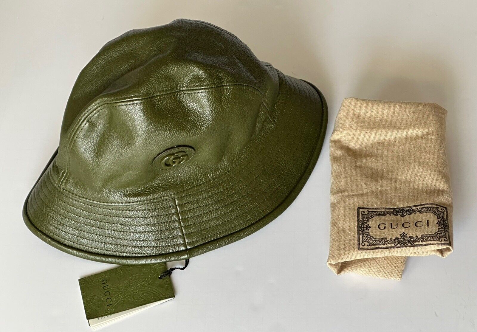 Gucci GG Leather Dark Green Bucket Hat Made in Italy Small (57 cm) 727239 NWT