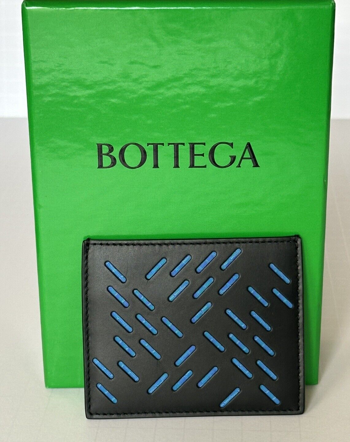 Bottega Veneta Perforated Calf Leather Card Case Black/Blue 579246 IT NWT $270