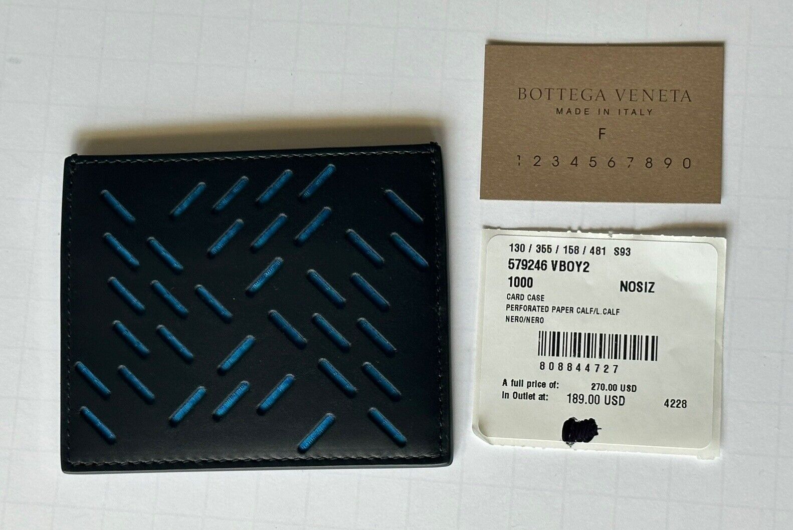 Bottega Veneta Perforated Calf Leather Card Case Black/Blue 579246 IT NWT $270