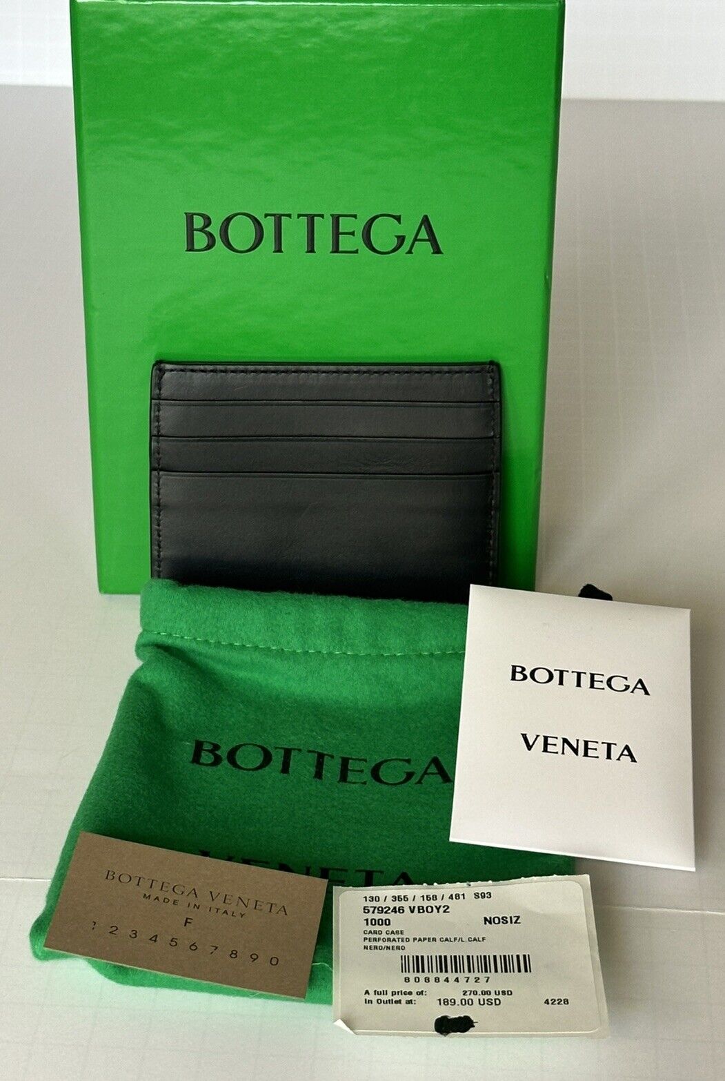 Bottega Veneta Perforated Calf Leather Card Case Black/Blue 579246 IT NWT $270