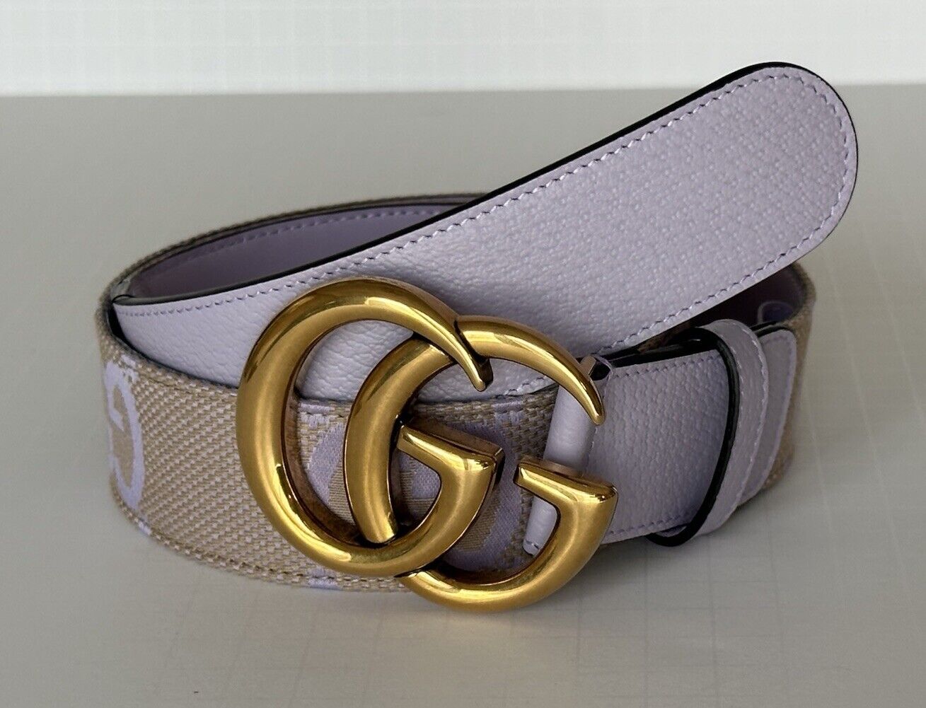 Gucci Women's GG Marmont Belt in Beige/Purple Canvas/Leather 85/34 IT 400593 NWT