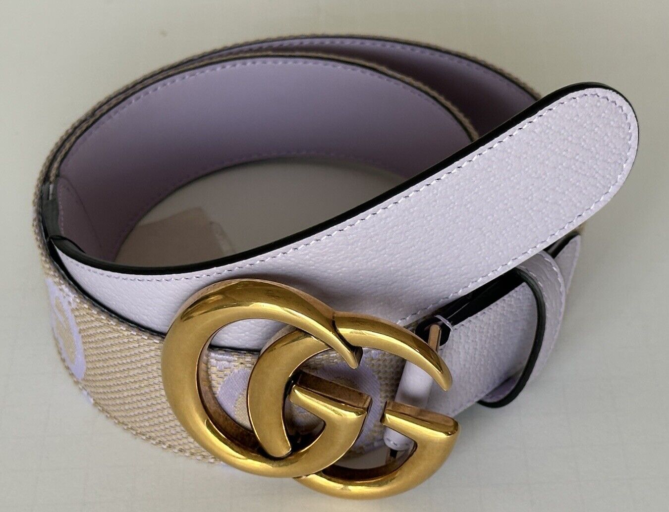 Gucci Women's GG Marmont Belt in Beige/Purple Canvas/Leather 85/34 IT 400593 NWT