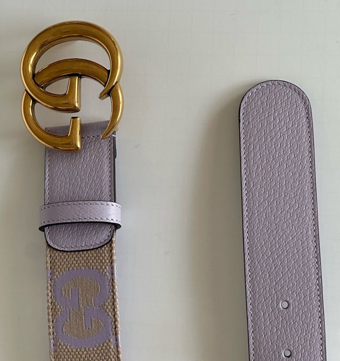 Gucci Women's GG Marmont Belt in Beige/Purple Canvas/Leather 85/34 IT 400593 NWT