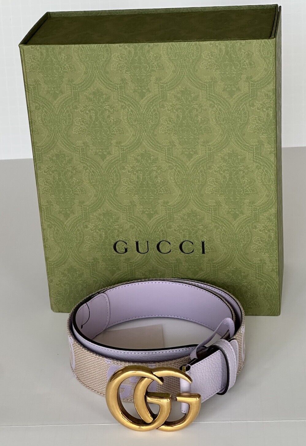 Gucci Women's GG Marmont Belt in Beige/Purple Canvas/Leather 85/34 IT 400593 NWT