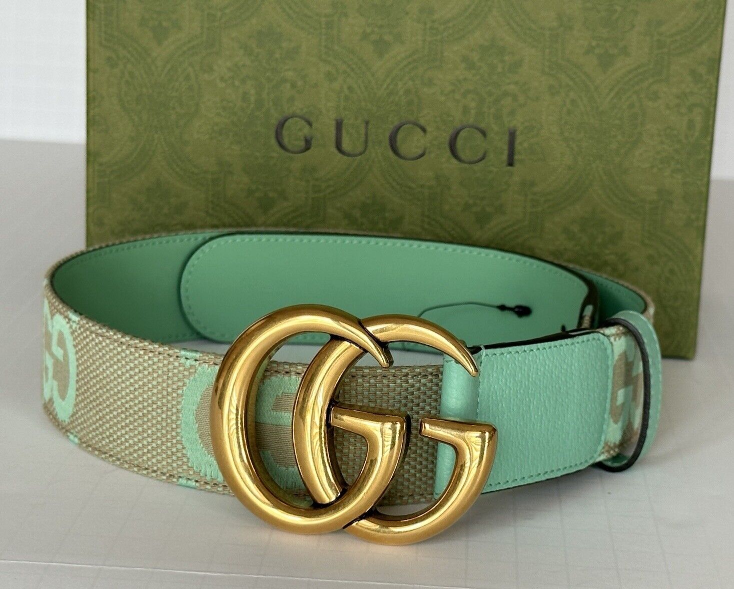 Gucci Women s GG Marmont Wide Belt Green Canvas Leather 75 30 Italy 40 BAYSUPERSTORE