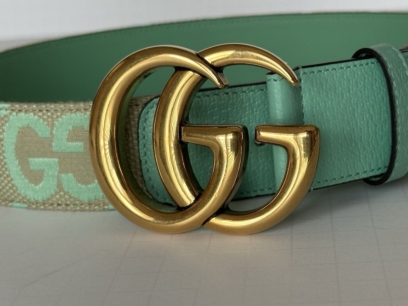 Gucci Women's GG Marmont Wide Belt Green Canvas/Leather 75/30 Italy 400593 NWT