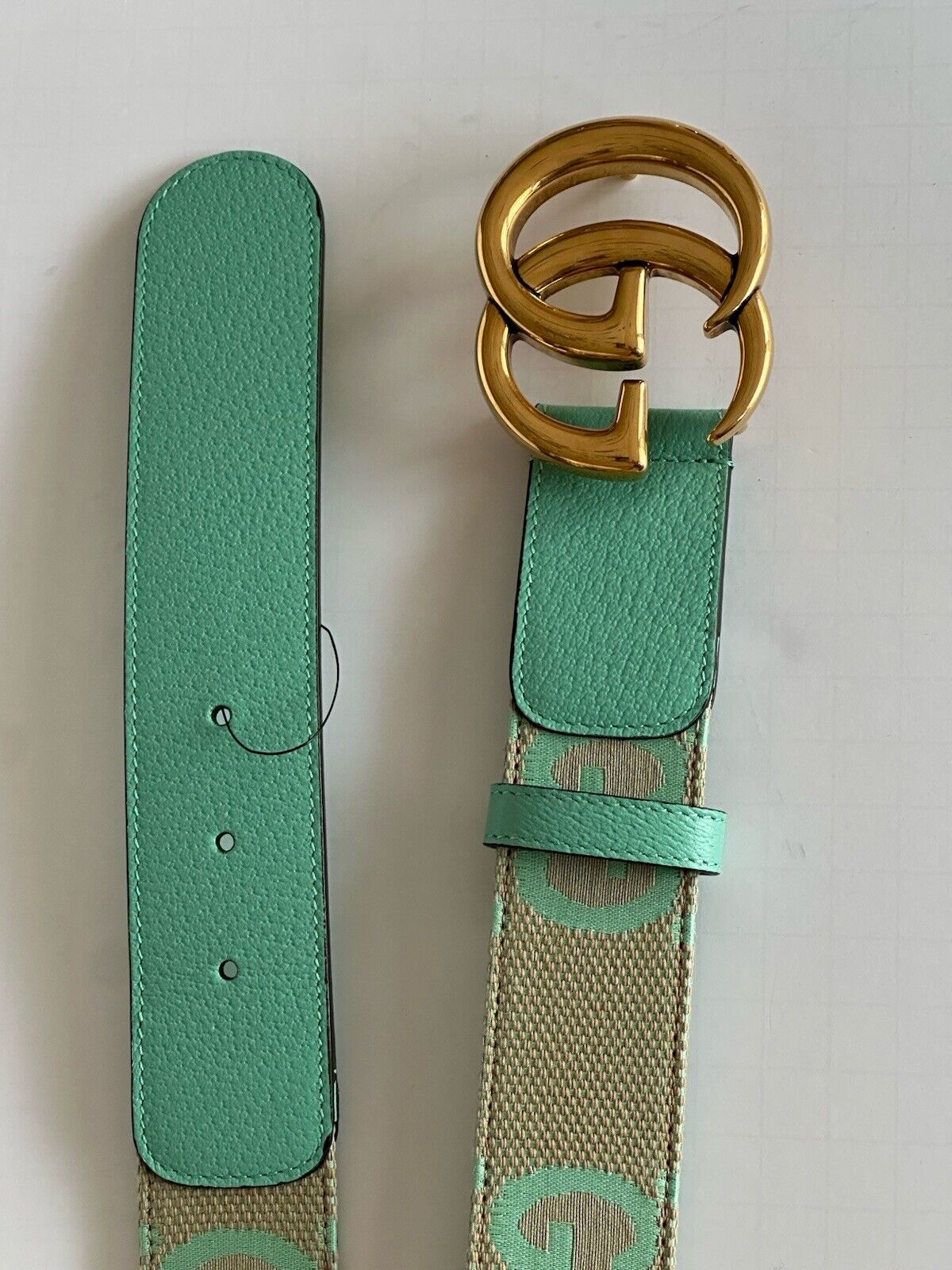 Gucci Women's GG Marmont Wide Belt Green Canvas/Leather 75/30 Italy 400593 NWT