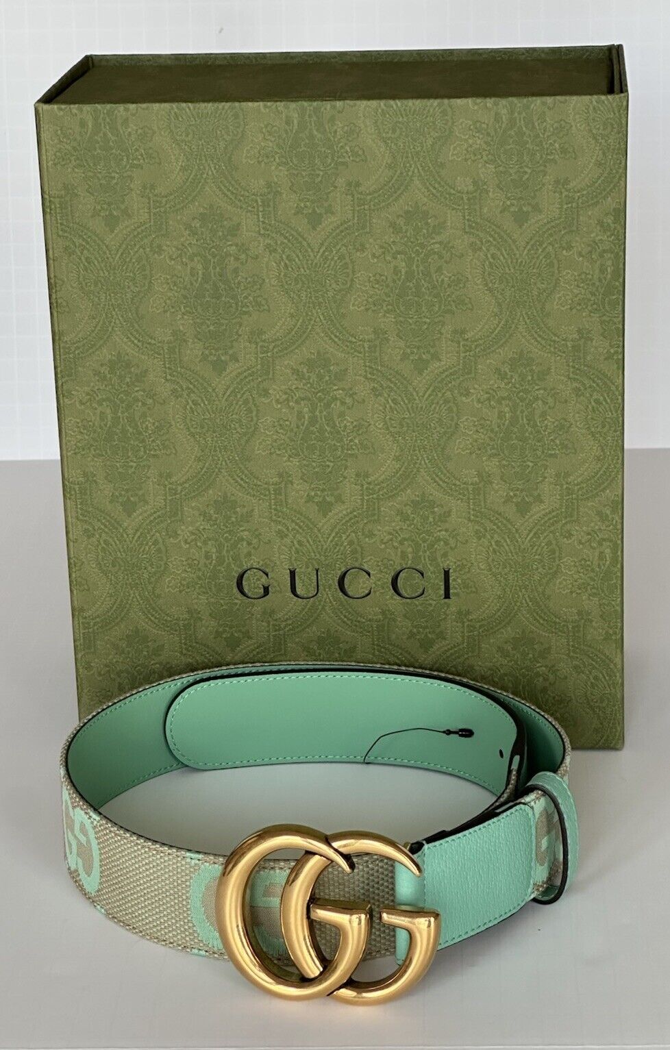 Gucci Women's GG Marmont Wide Belt Green Canvas/Leather 75/30 Italy 400593 NWT