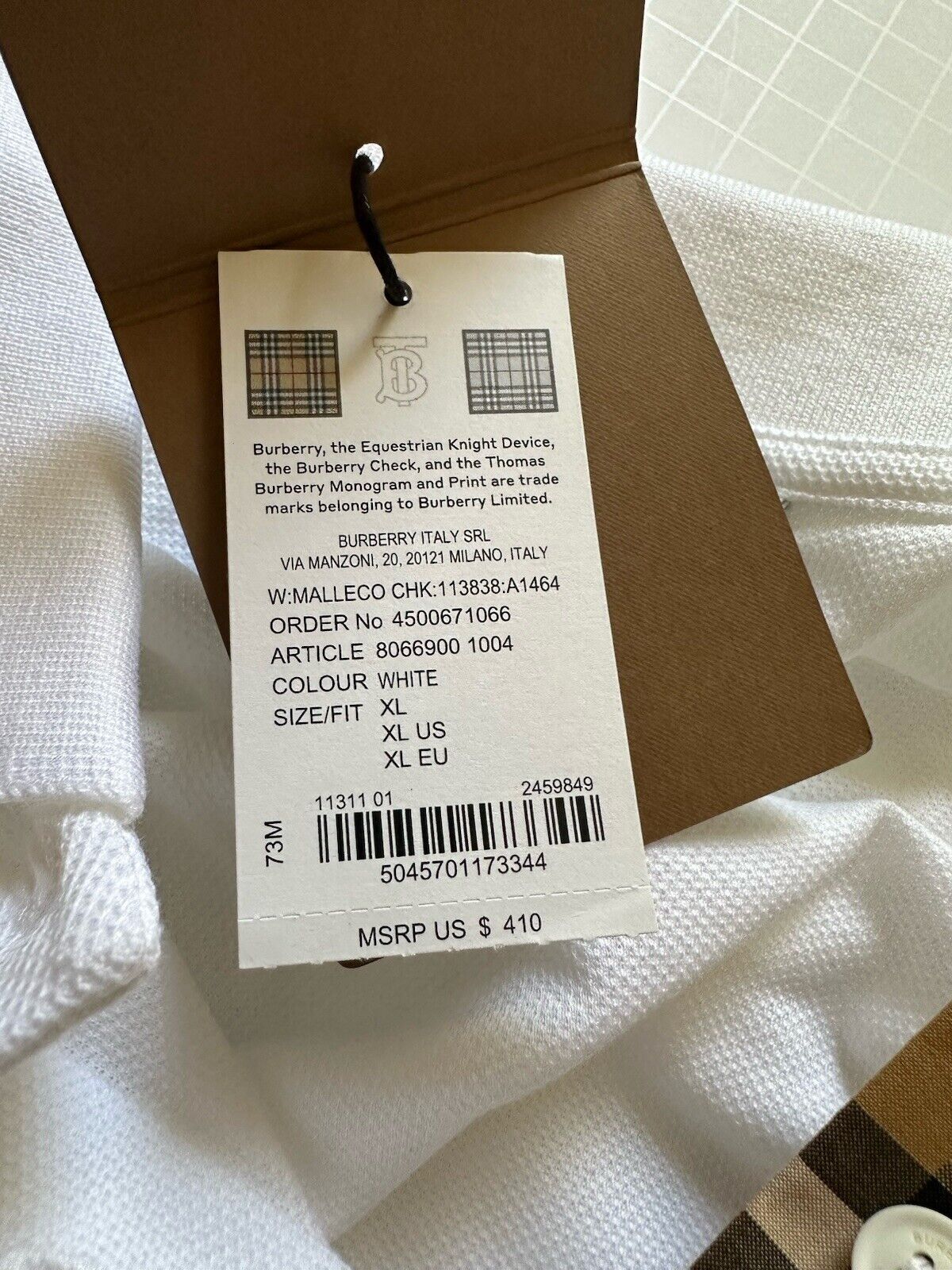 Burberry Check White Short Sleeve Cotton Polo Shirt XL (Fits L) 8066900 NWT $410